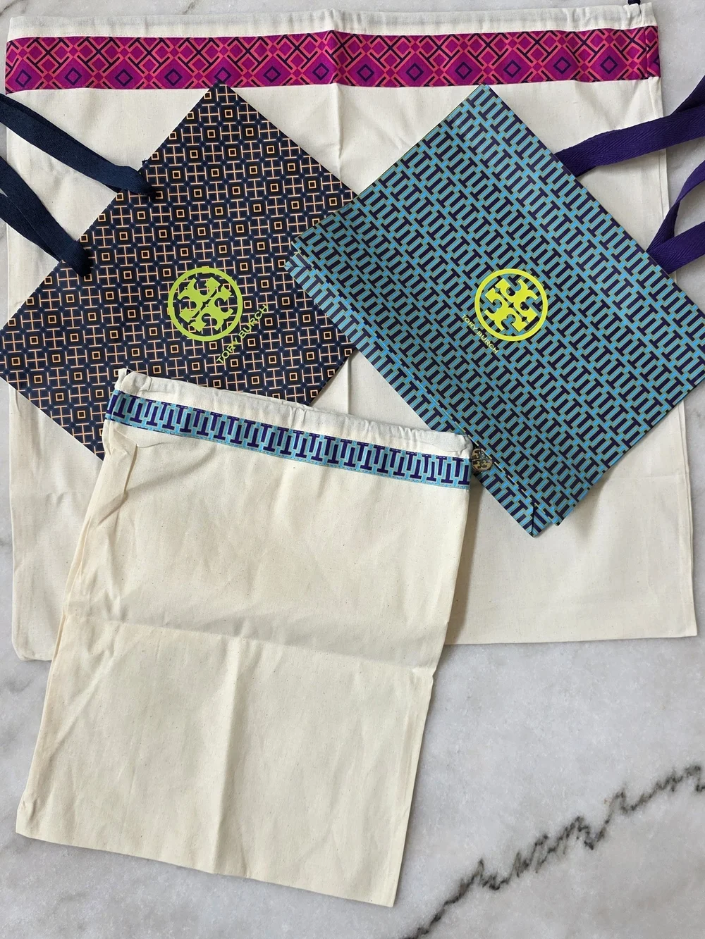 Tory Burch Reversible Logo Dust Bags And Shopping Bags In Navy & Turquoise